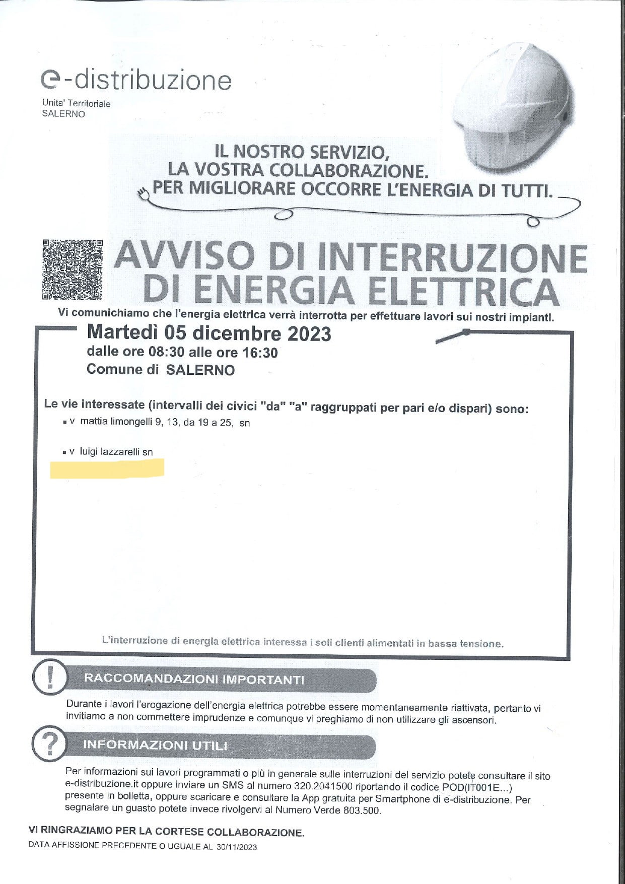 AVVISO DI INTERRUZIONE DI ENERGIA ELETTRICA PER VENERDI' 05 AGOSTO 2022  DALLE ORE 08.00 ALLE ORE 14.00